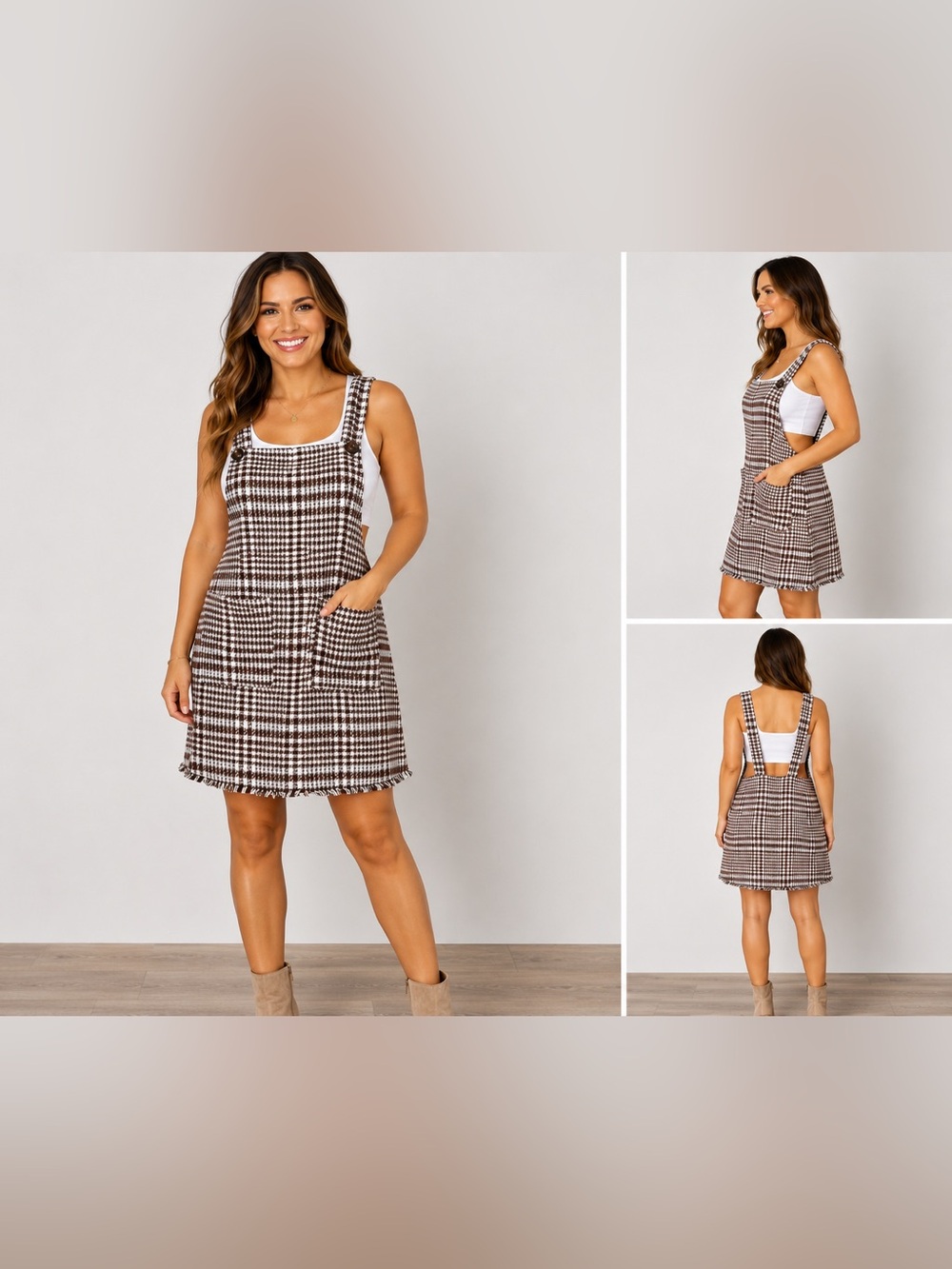 Orange Creek Brown Plaid Tweed Pinafore Dress L